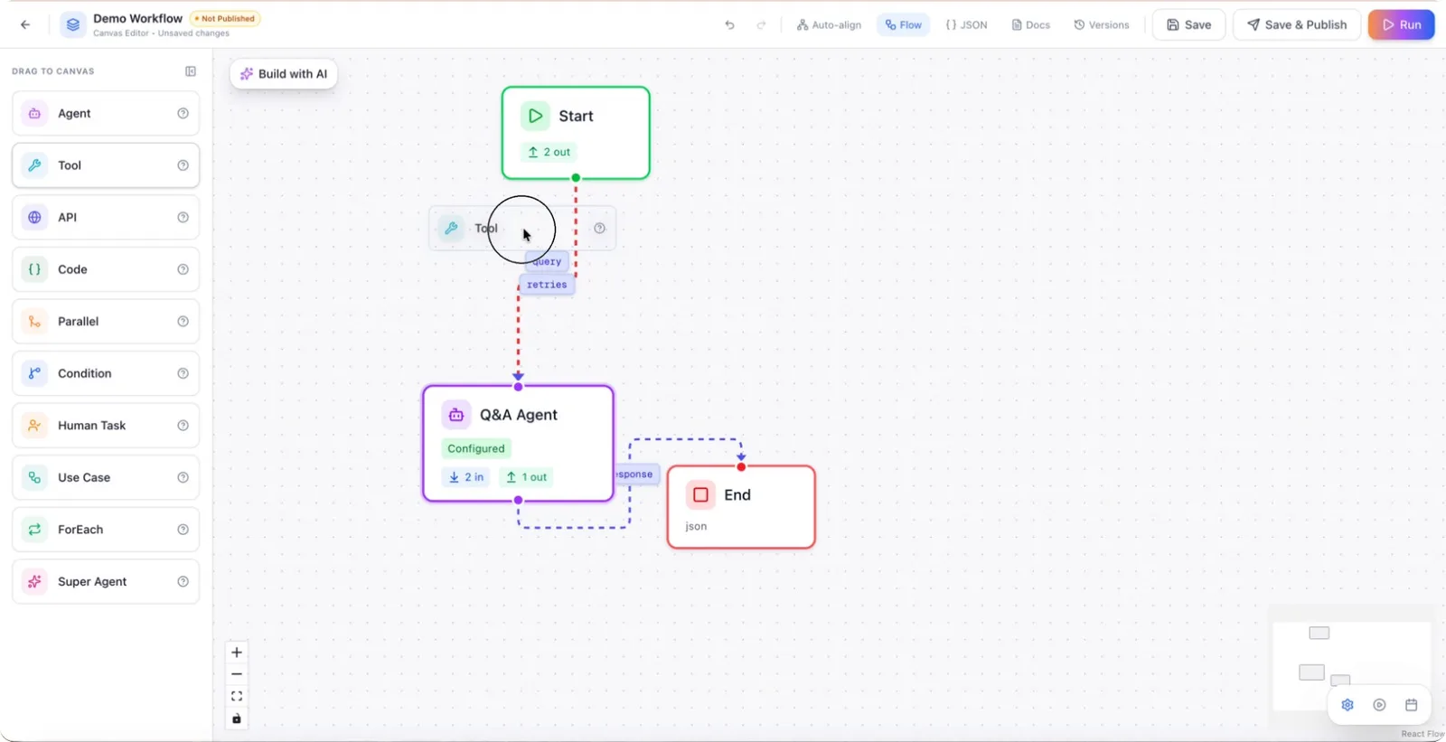Dragging a Tool node onto the workflow canvas