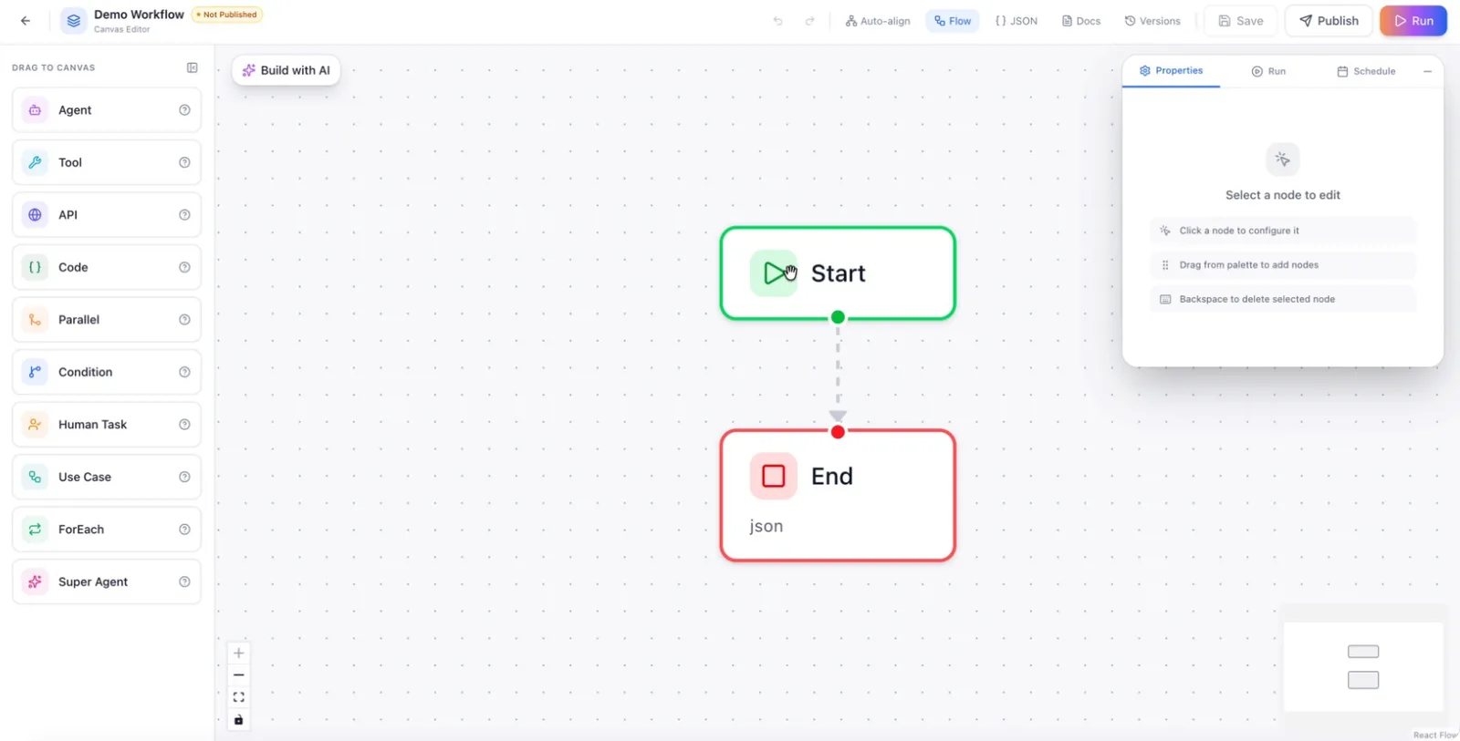 The Start node selected on the workflow canvas, with its configuration panel open