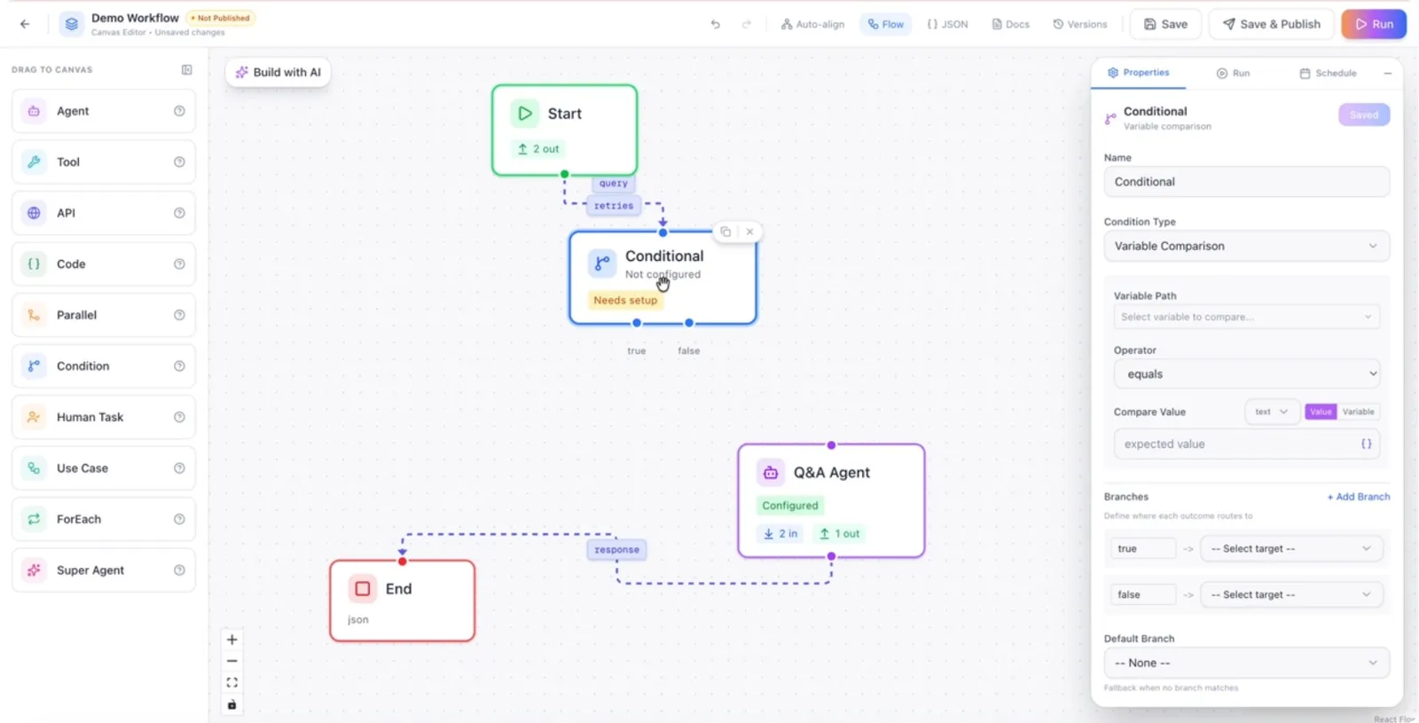 Dragging a conditional node onto the workflow canvas