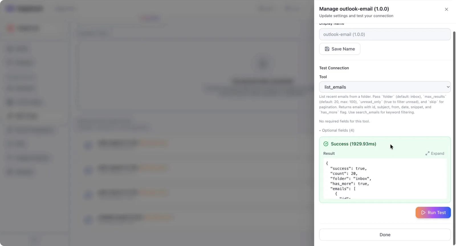 A successful tool call result in the test interface