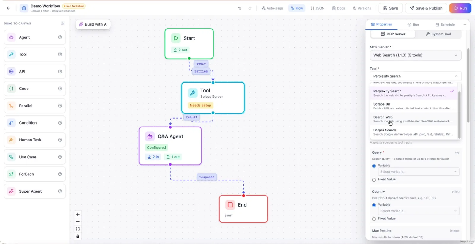 Search Web configuration: query, region and engines