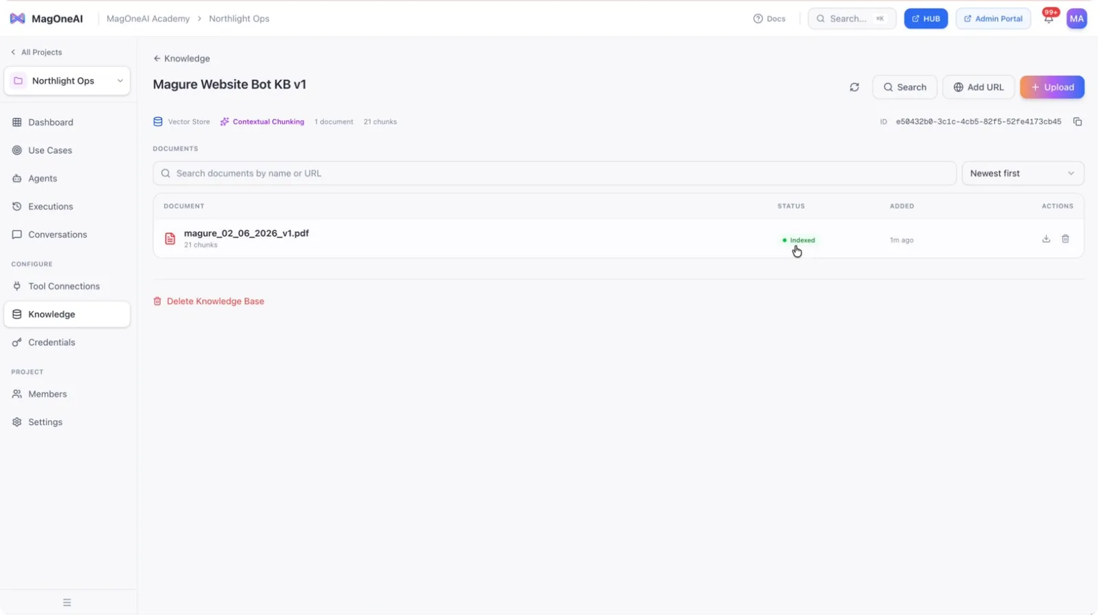 The knowledge base showing an indexed status