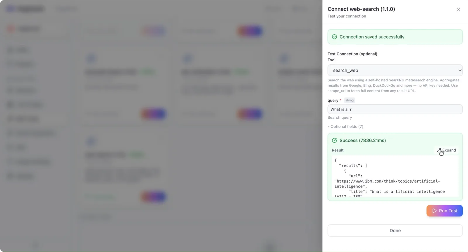 The tool testing interface used to verify a tool before building a workflow