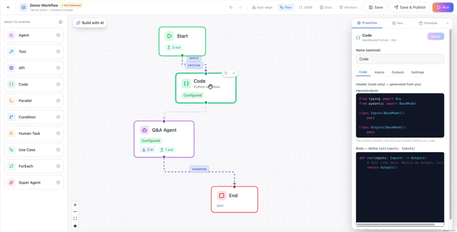 The Code Node configuration, showing the Pydantic input model beside the editor