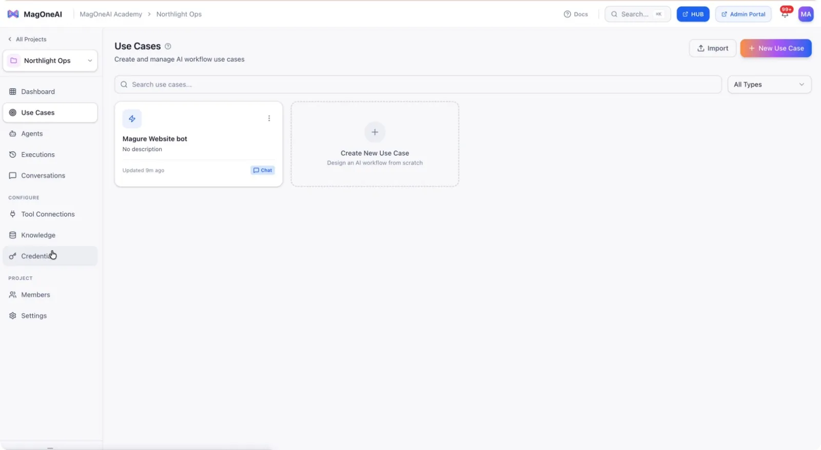 The Credentials section of a project