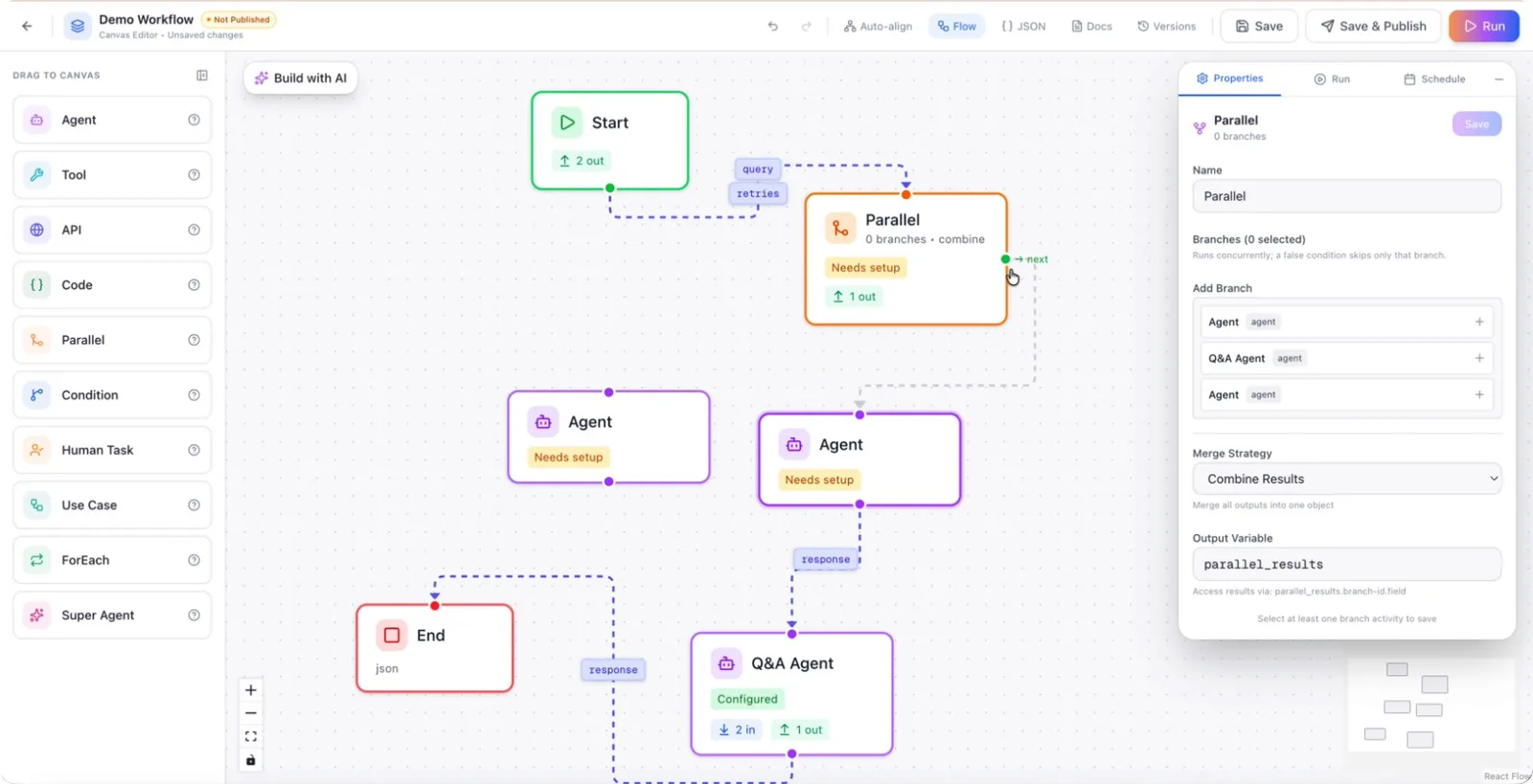 Agents linked from the Parallel node's output ports