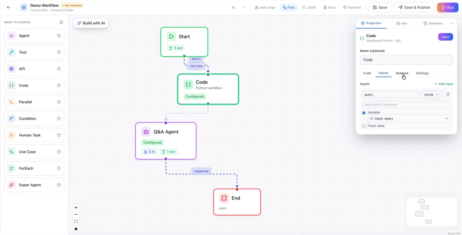 An input field named query, taking the value from the previous node