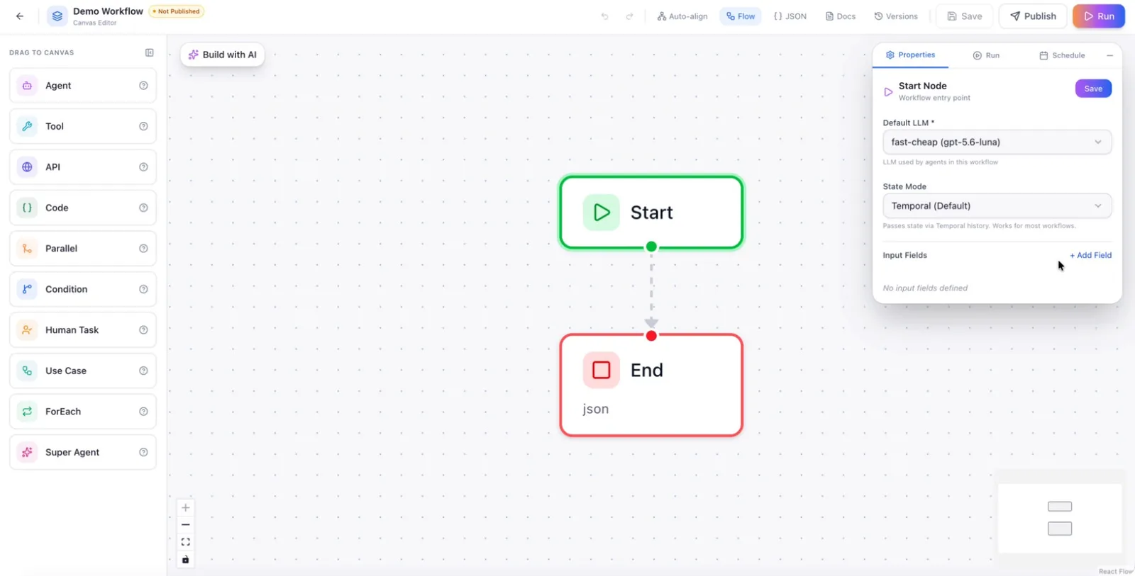The Add field button in the Start node's input section
