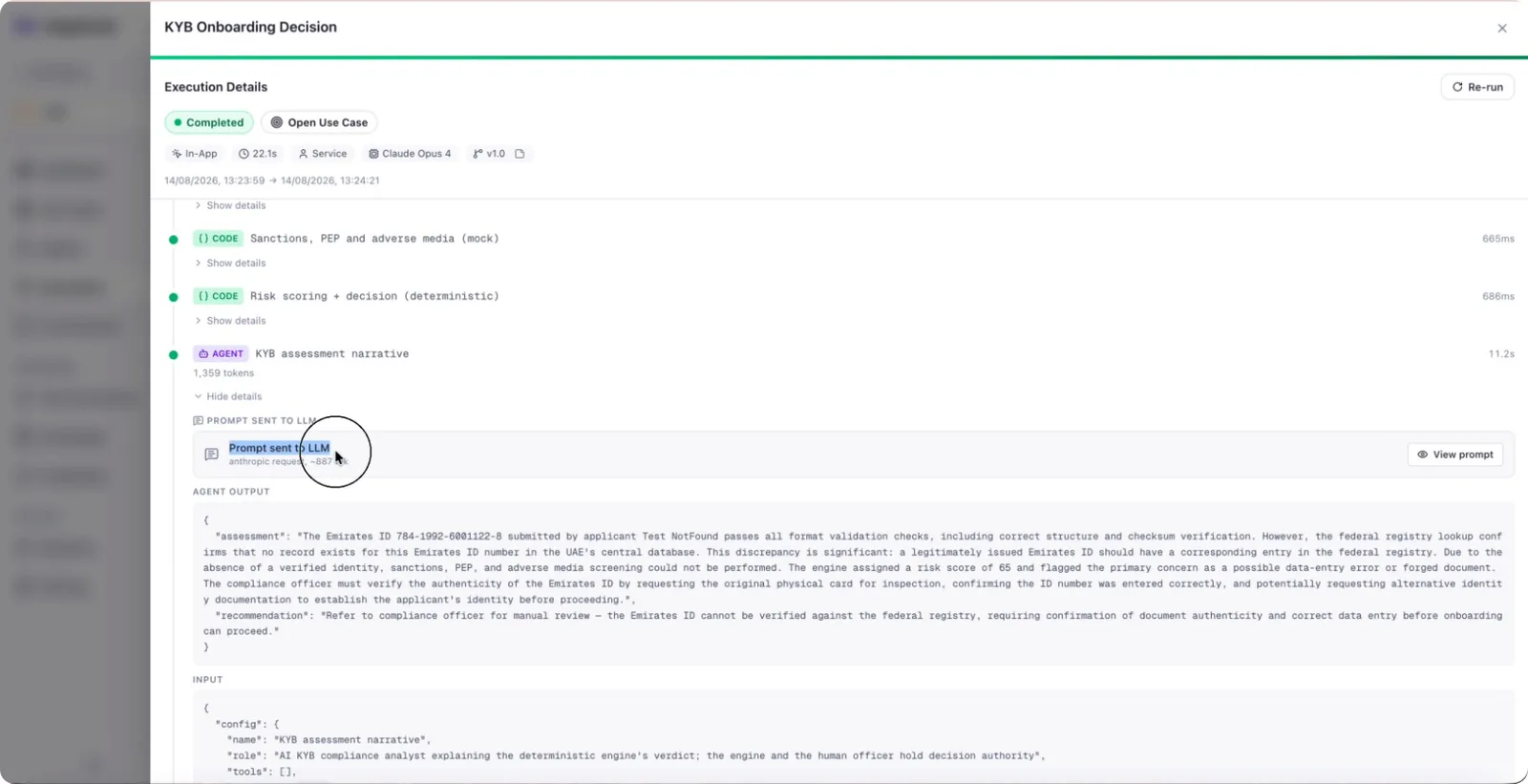 The Prompt sent to LLM section on the Agent node