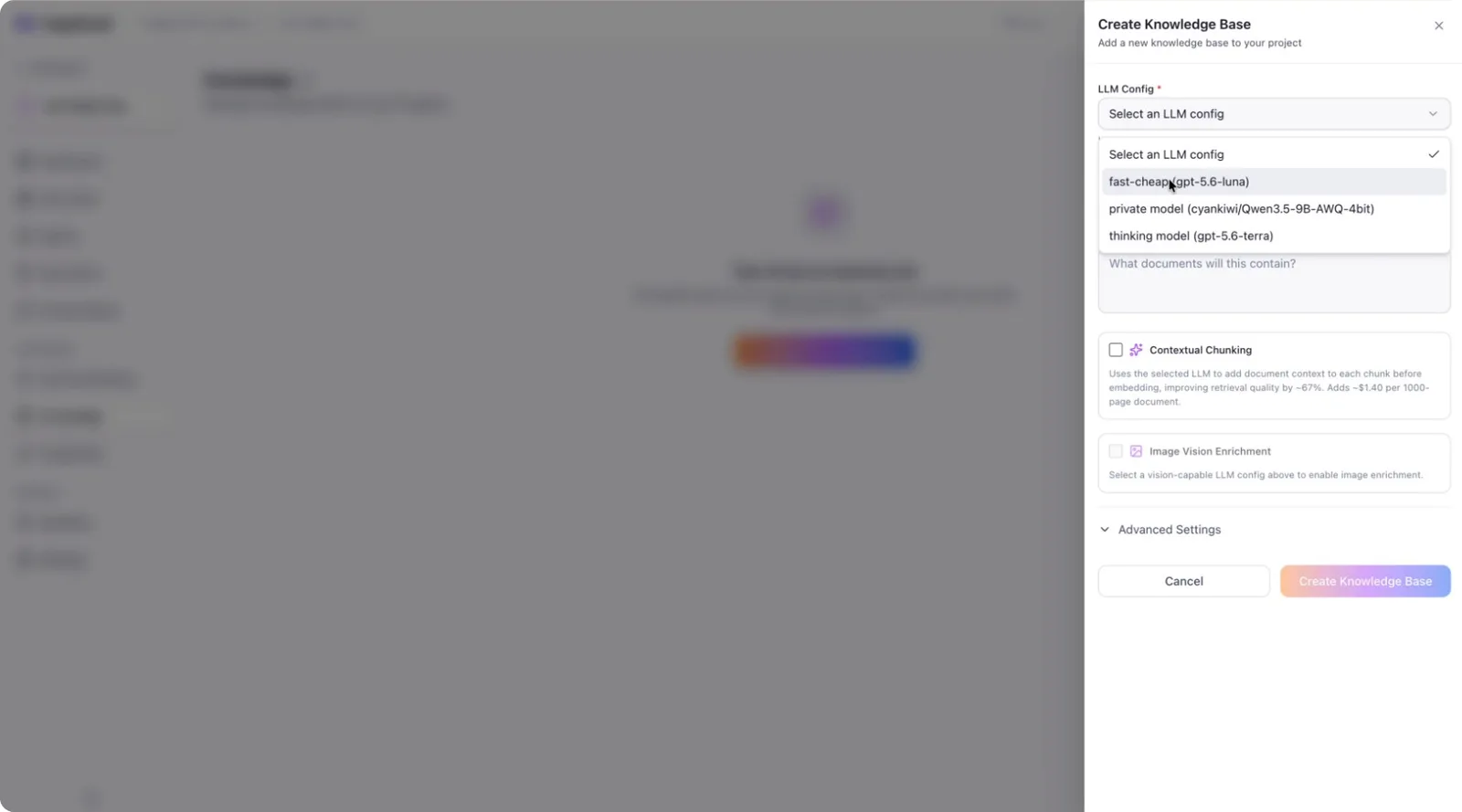 The LLM config selector used for contextual chunking