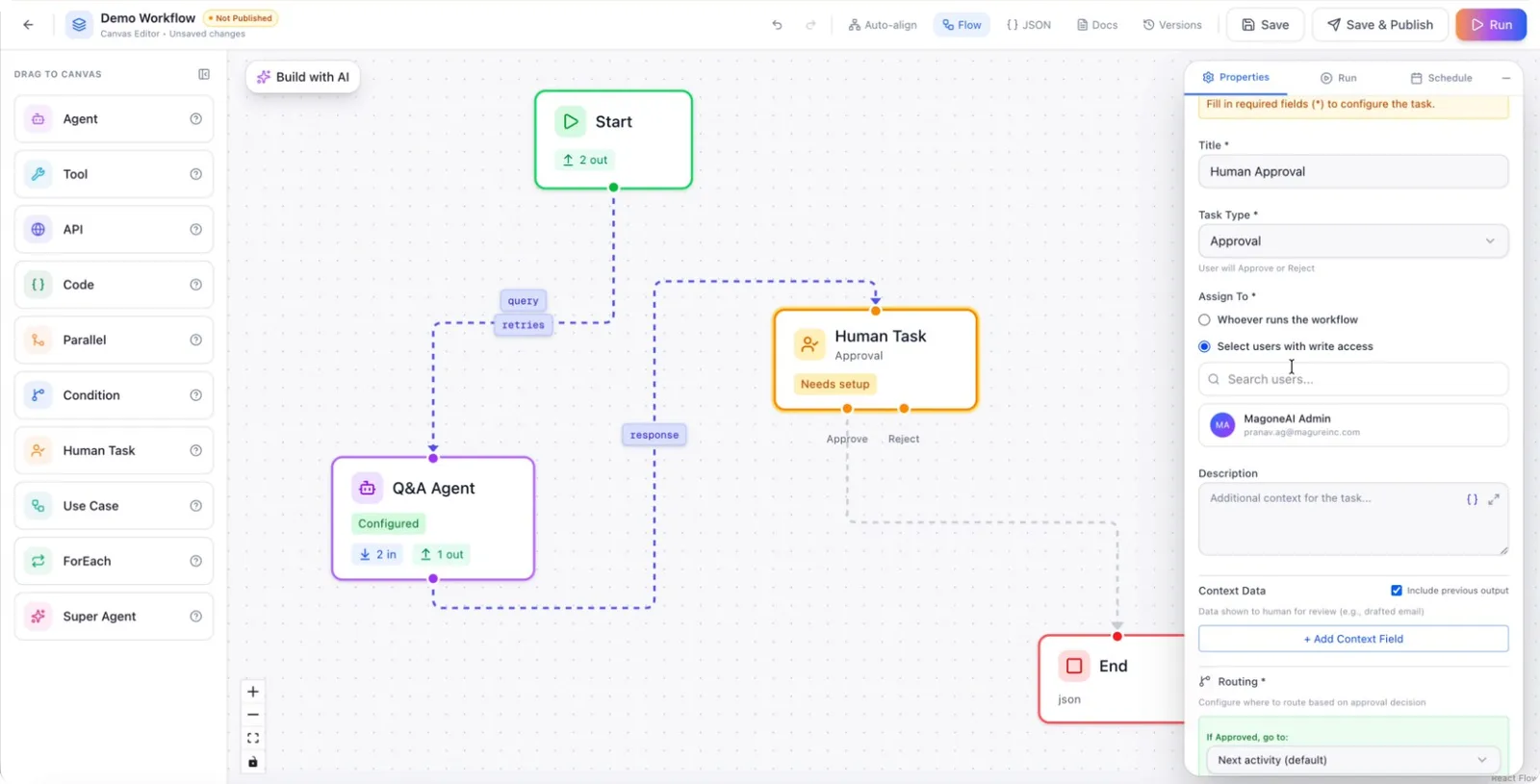 Assignee options: the user who runs the workflow, or a named user