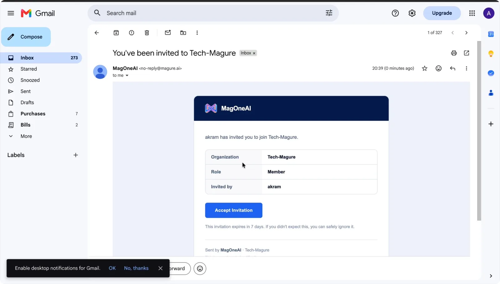 The invitation email in the recipient's inbox
