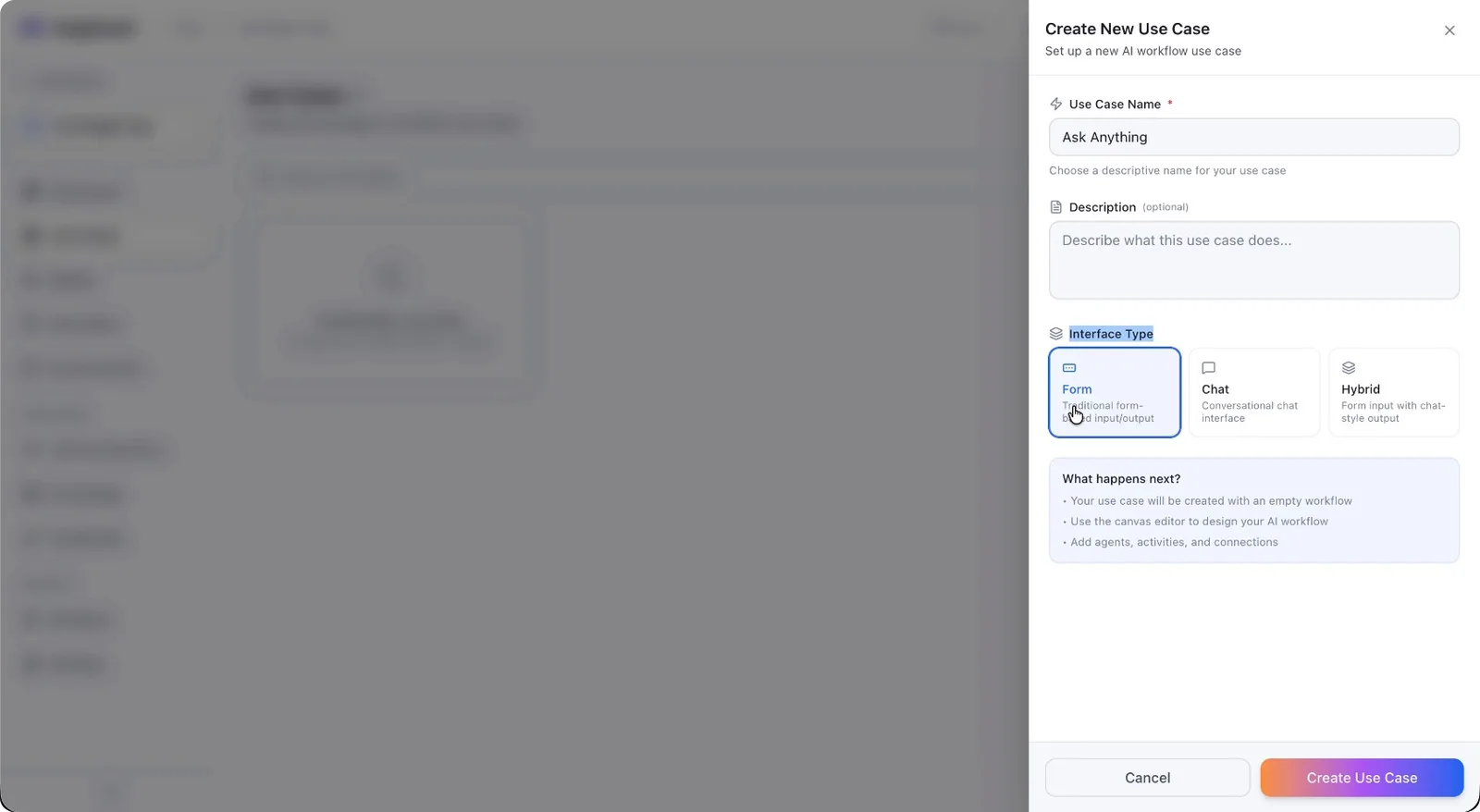Form selected as the interface type
