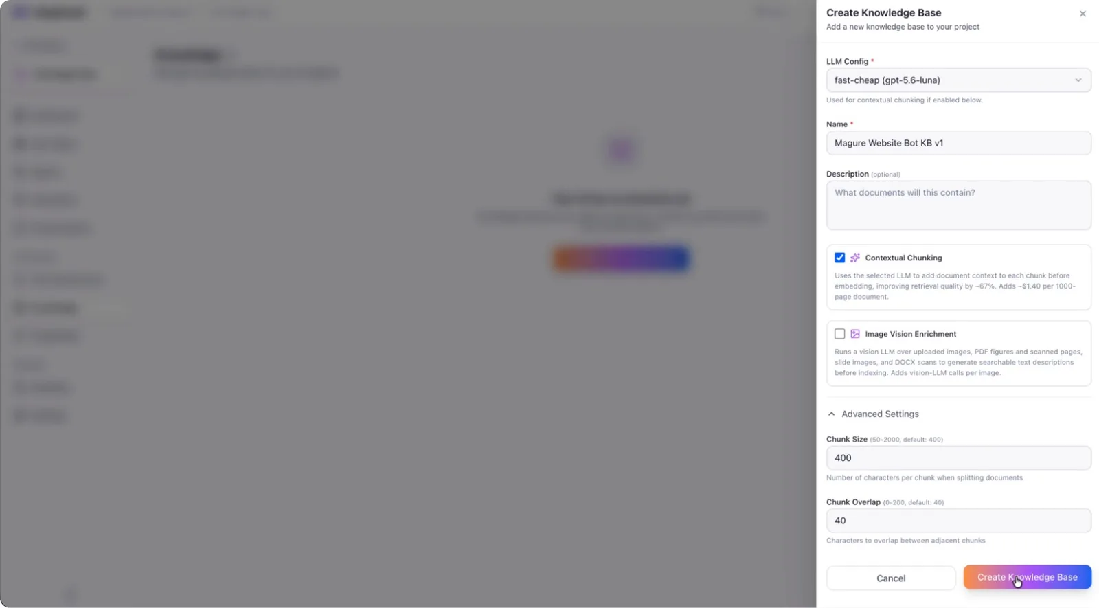Chunk size and overlap settings above the Create Knowledge Base button
