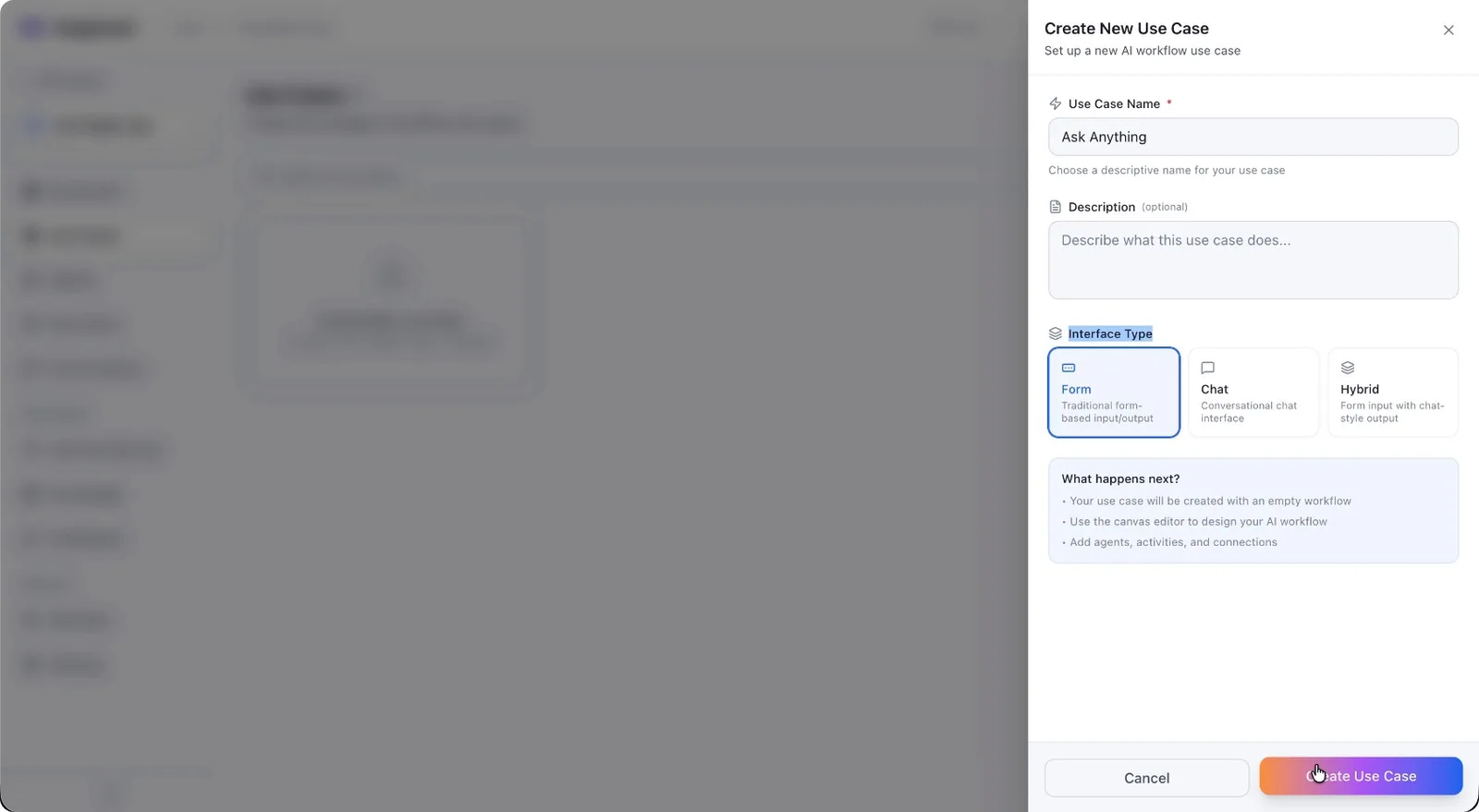 The Create button in the new use case dialog