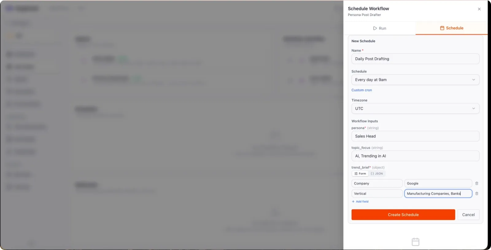 Topic focus and trend brief fields, with company and vertical filters