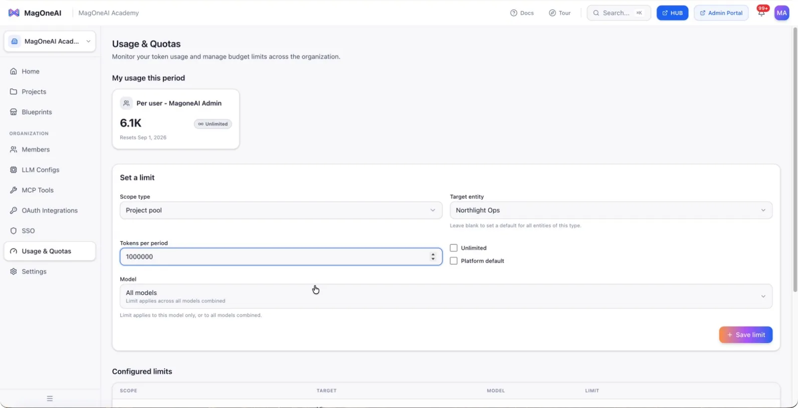The token limit field, set to one million tokens