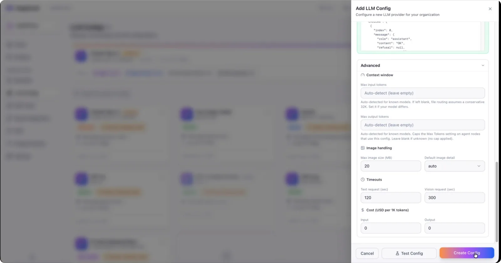 Advanced settings: token limits, image handling, and cost per input and output token