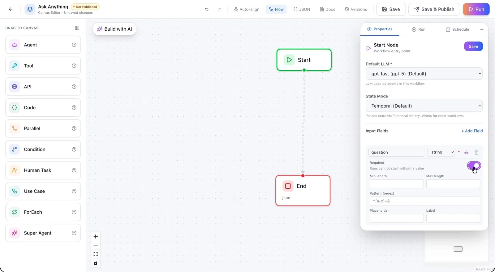 The Save button in the Start node configuration